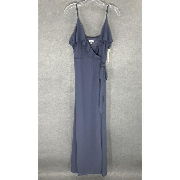 Tobi Dress Women Sz M Blue Slate V-Neck Ruffle Trim Wrap Spaghetti Straps‎ Maxi - Picture 2 of 16
